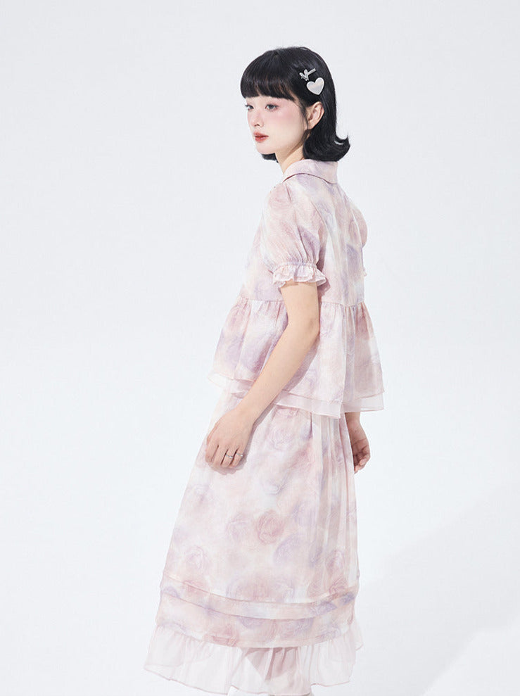 Chinese-style Rose Print Puff Sleeve Ruffle Shirt Skirt Two Piece Set