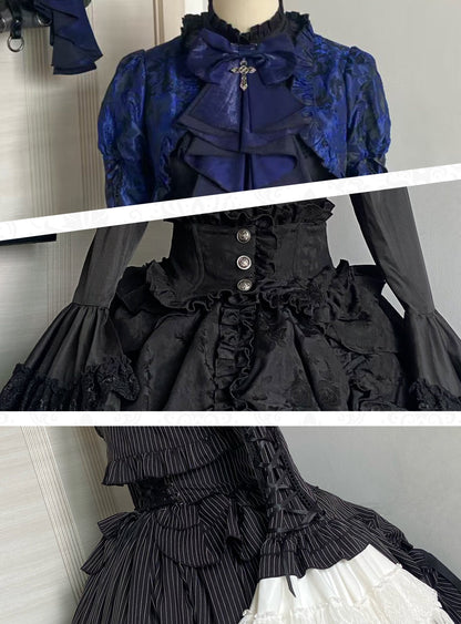 [pre-order Deadline: March 31] Cross Nocturne Gothic Dark Stripe Layered Top + Cross Rose Stripe Pull Up Skirt