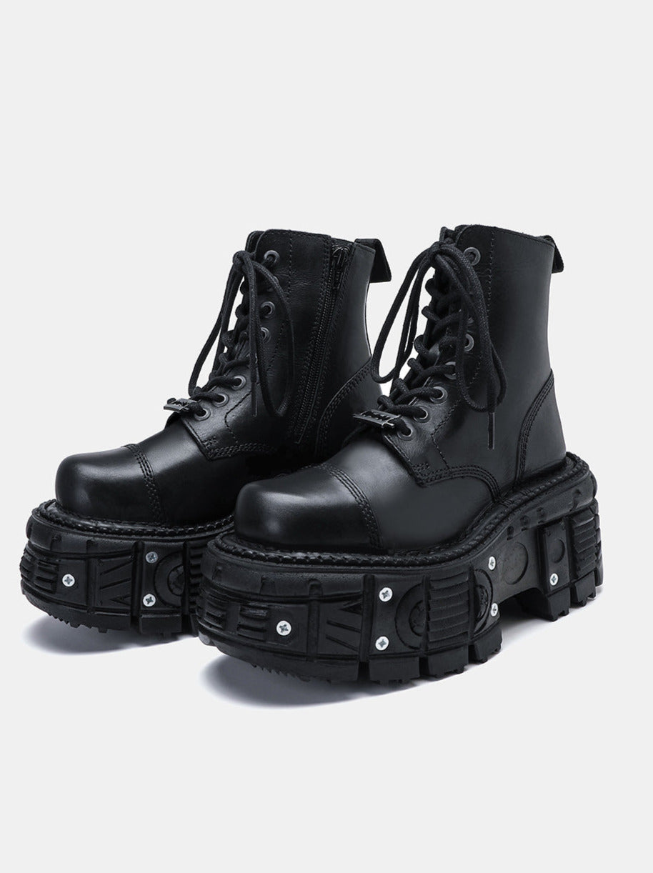 Dark Punk Metal Lace-up Platform Short Boots
