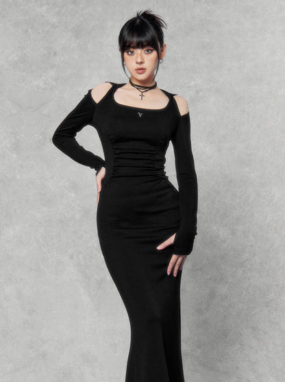 Dark Square Halter Neck Off-shoulder Hooded Dress