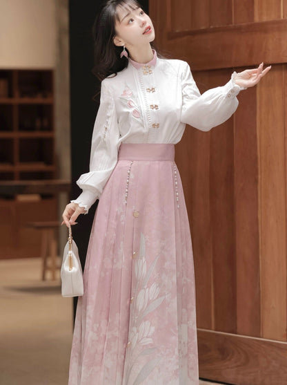 Sweet Chinese-style Blouse + Sweet Flower Pleated Skirt + Lace Ribbon Shawl