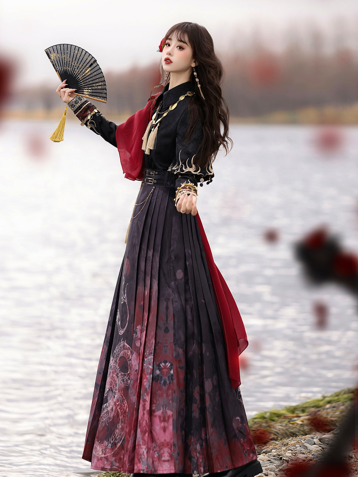 Fire China Long Coat + Top + Long Skirt