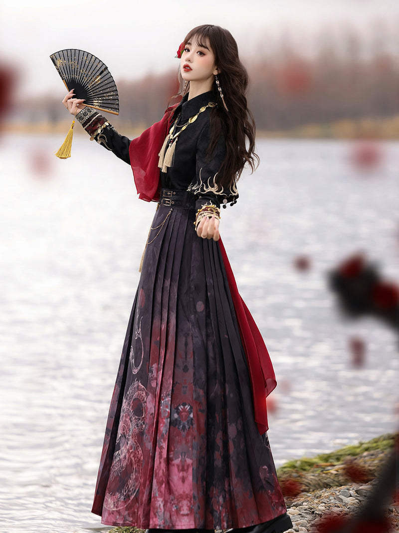 Fire China Long Coat + Top + Long Skirt