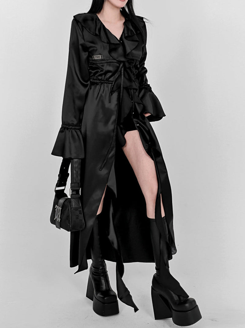 Ruffle Lace Drawstring Waist Shirt Extra Long Jacket
