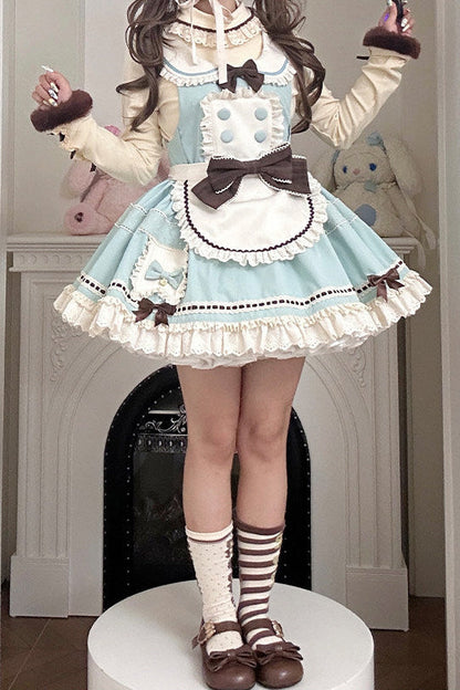 [pre-order Item]chocolate Mint Sailor Collar Girly Maid Dress + Cake Hat