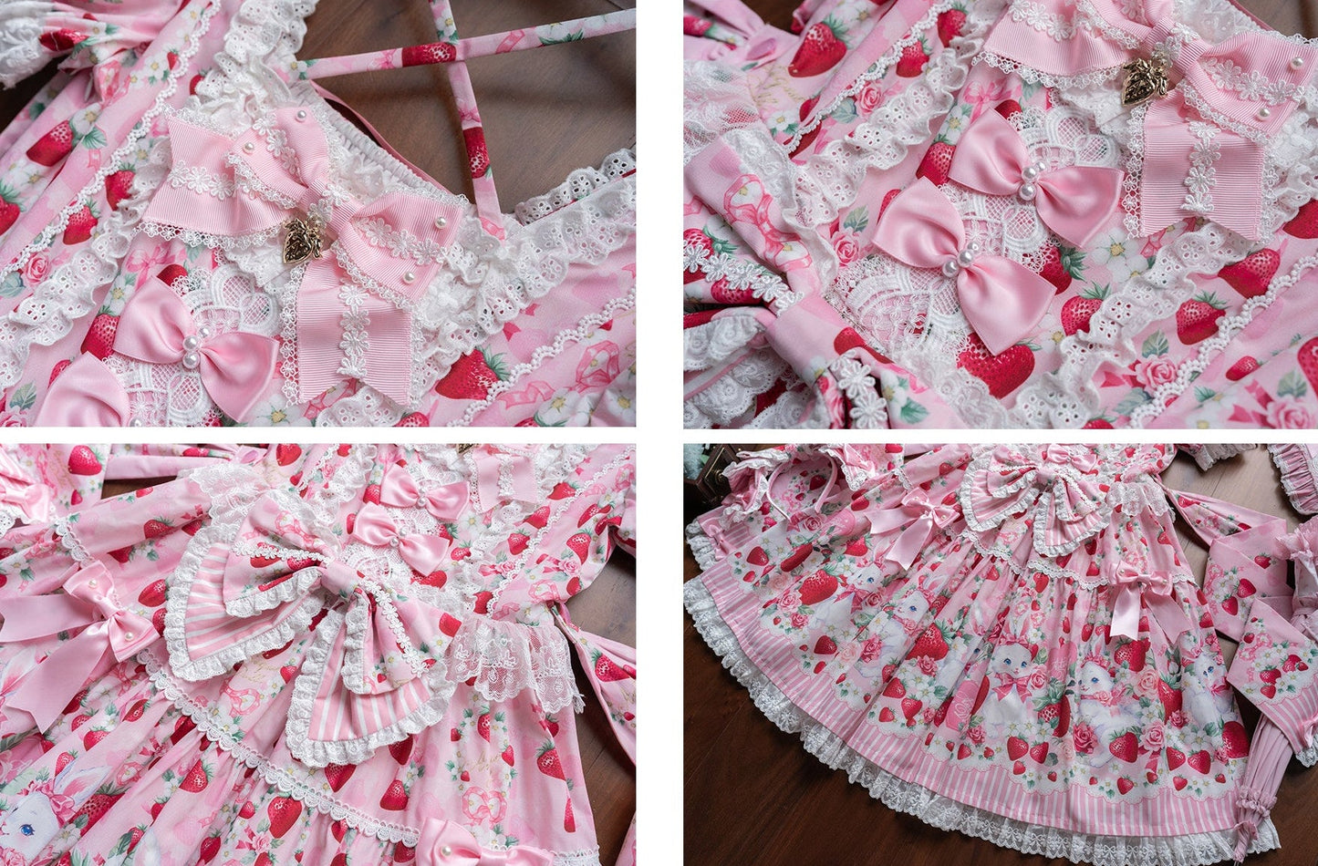 [pre-order Deadline: April 29] Strawberry Rabbit Print Lace Ribbon Sweet Dress + Complete Set