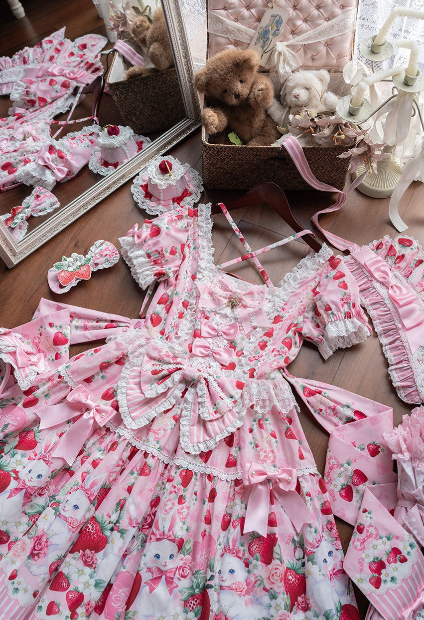 [pre-order Deadline: April 29] Strawberry Rabbit Print Lace Ribbon Sweet Dress + Complete Set