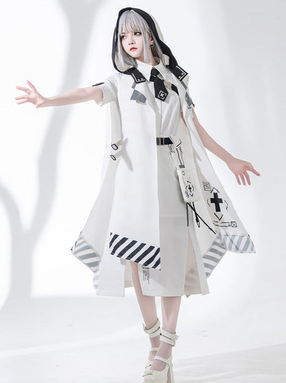 A Line Skirt Design Cape Suit [hoodie Cape + Shirt + Skirt + One Shoulder Cape]