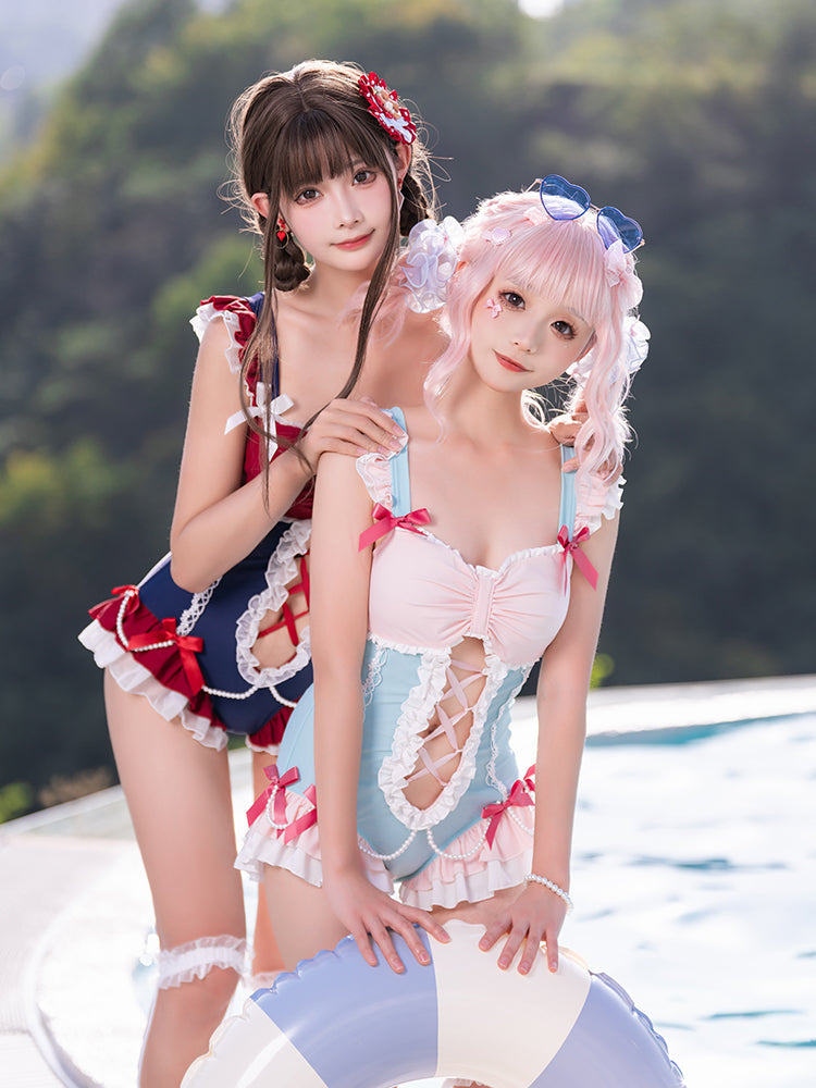 Ruffle Shoulder Pearl Ribbon Decoration Idol Style Swimsuit Dress