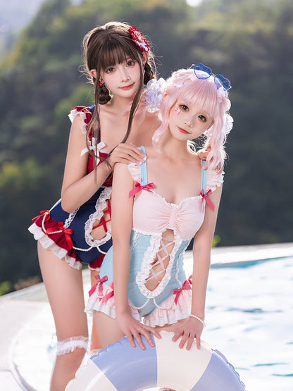 Ruffle Shoulder Pearl Ribbon Decoration Idol Style Swimsuit Dress