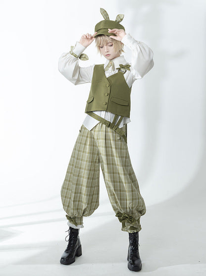 Secret Morning Post Green Tea Color Retro Sweet Cool Vest Shirt Cropped Pants