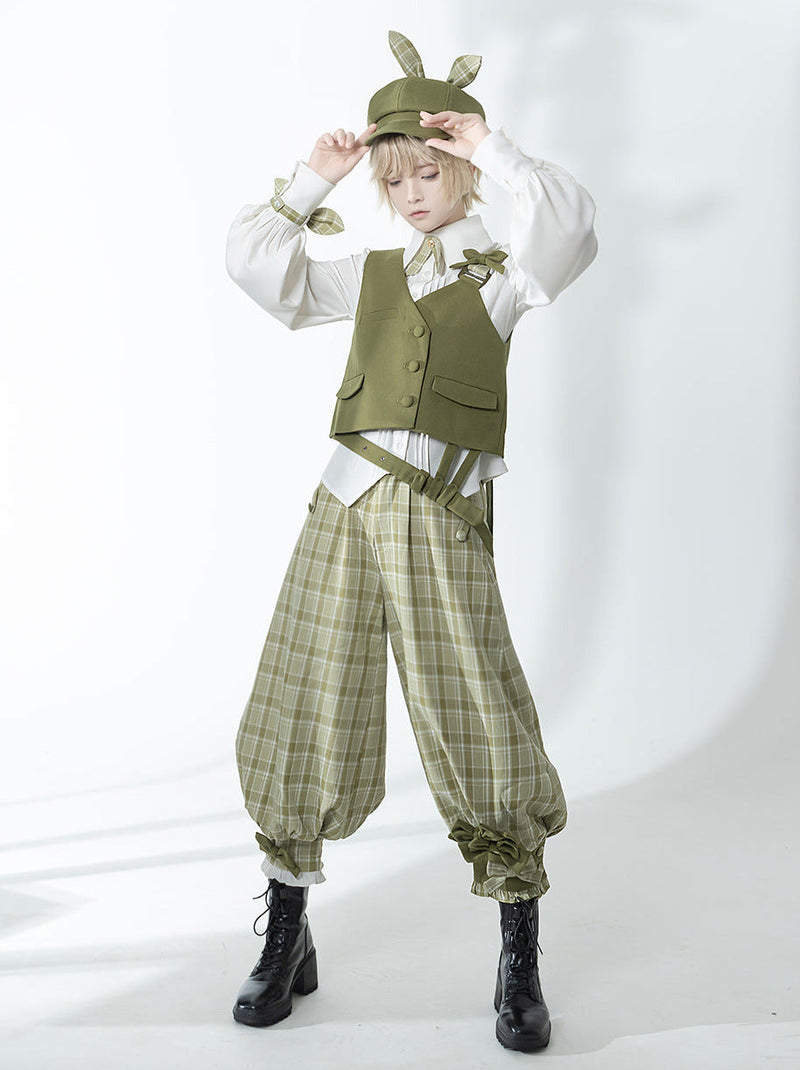 Secret Morning Post Green Tea Color Retro Sweet Cool Vest Shirt Cropped Pants