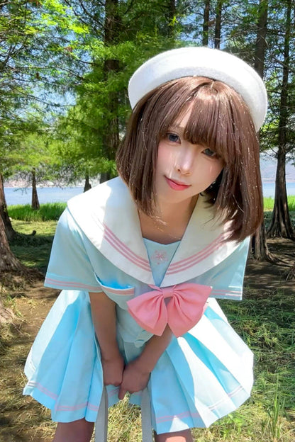 Anime Girl Light Blue Sailor Suit + Pleated Skirt