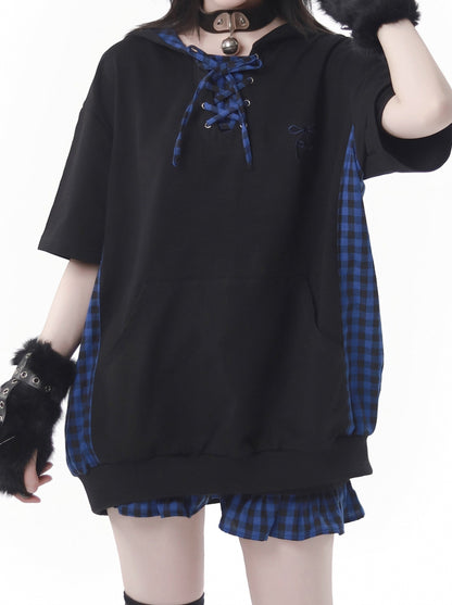 Blue Plaid Stitch Cat Ear Hoodie Summer Strap Design Suit