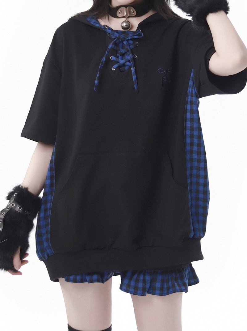 Blue Plaid Stitch Cat Ear Hoodie Summer Strap Design Suit