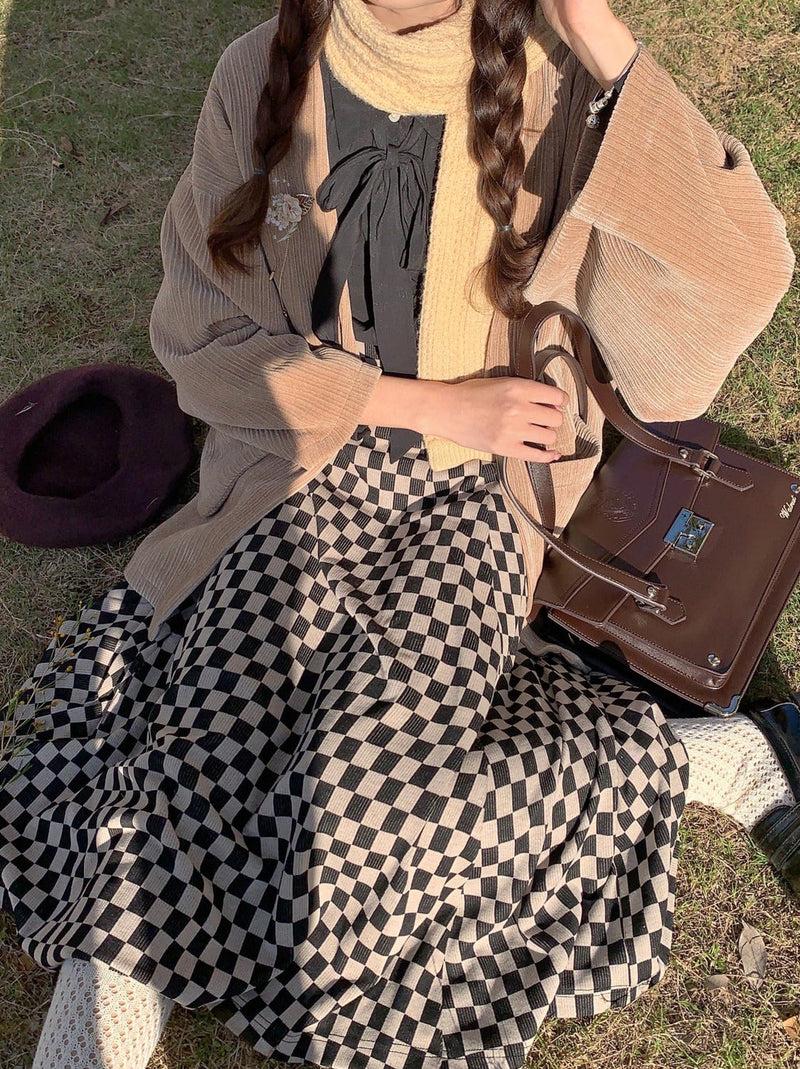 Sakura Note Showa Retro Haori Jacket + Chiffon Ribbon Shirt + Checkered Skirt + Dark Gray Skirt + Brooch