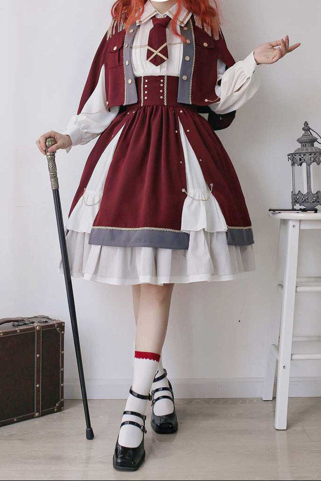 Military Style Cape Jacket + Ruffled Blouse With Tie + Waist Marked Split Layered Skirt