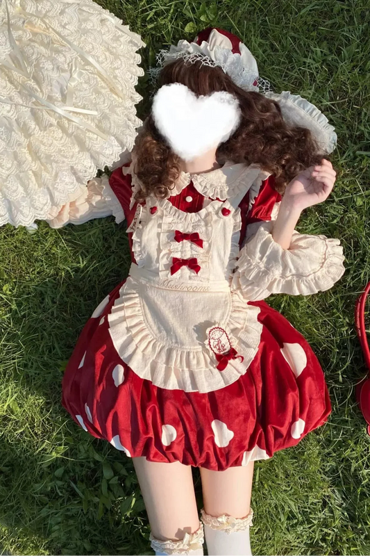 Mushroom Doll Dress + Ribbon Ruffle Apron + Ruffle Sleeves + Bunny Ear Hat