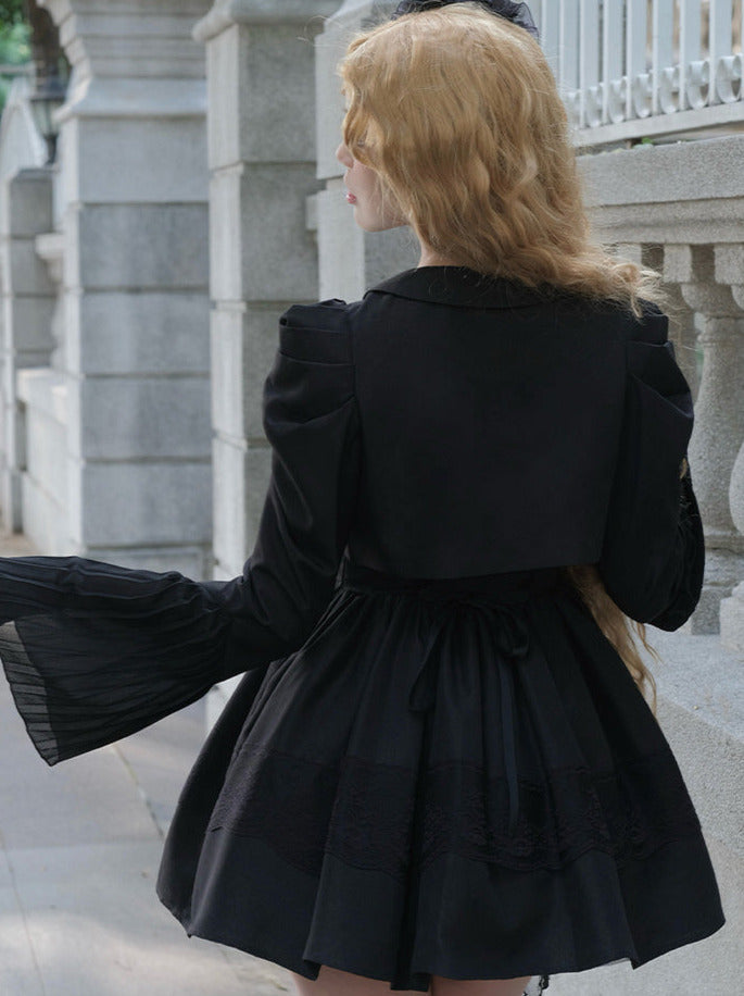 Night Traveler Classic Black Gothic Lace Jacket Dress + Ruffle White Blouse and Black Dress