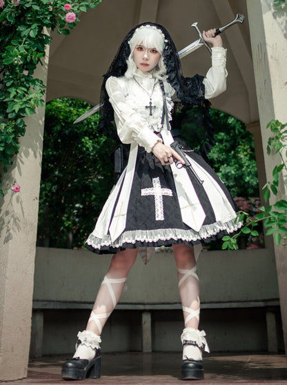 Cross Lolita Dress + Short Jacket + Headband + Veil + Collar