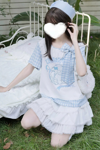 Gingham Plaid Ribbon Top + Tiered Skirt