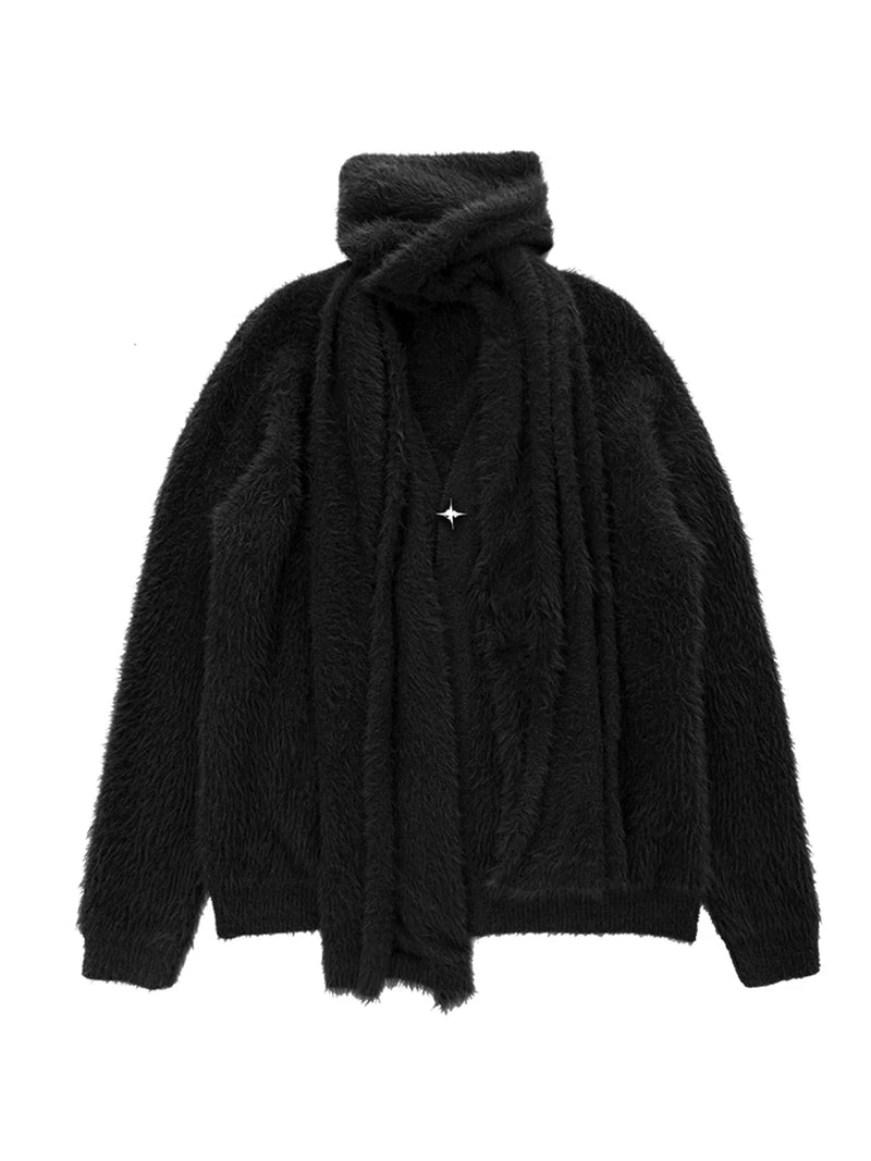 Metal Star Dark Style Loose Knit Cardigan With Scarf
