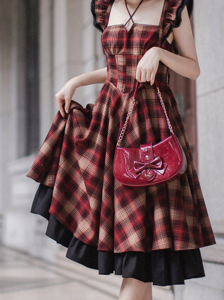 Retro Suit Black Ruffle Sleeve Shirt + Plaid Ruffle Shoulder Layered Dress + Ribbon Accessories [pre-order]