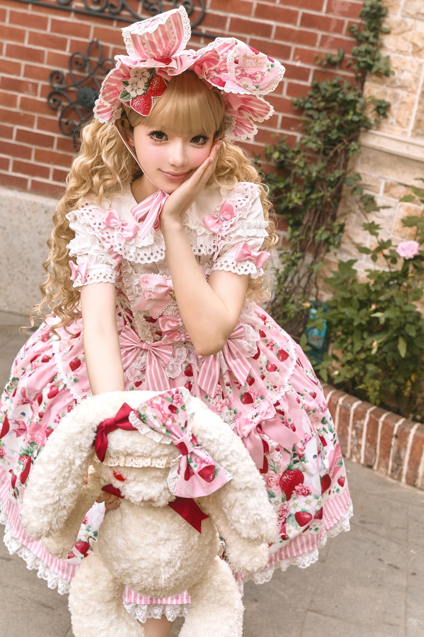 [pre-order Deadline: April 29] Strawberry Rabbit Ear Ribbon Shirt + Ruffled Shoulder Lace Ribbon Jk School Uniform Dress + Full Set/complete Set