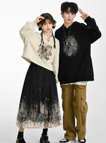 Chinese-style Butterfly Cropped Sweatshirt + Zip Design Hoodie Dress + Black Hoodie [pre-order]