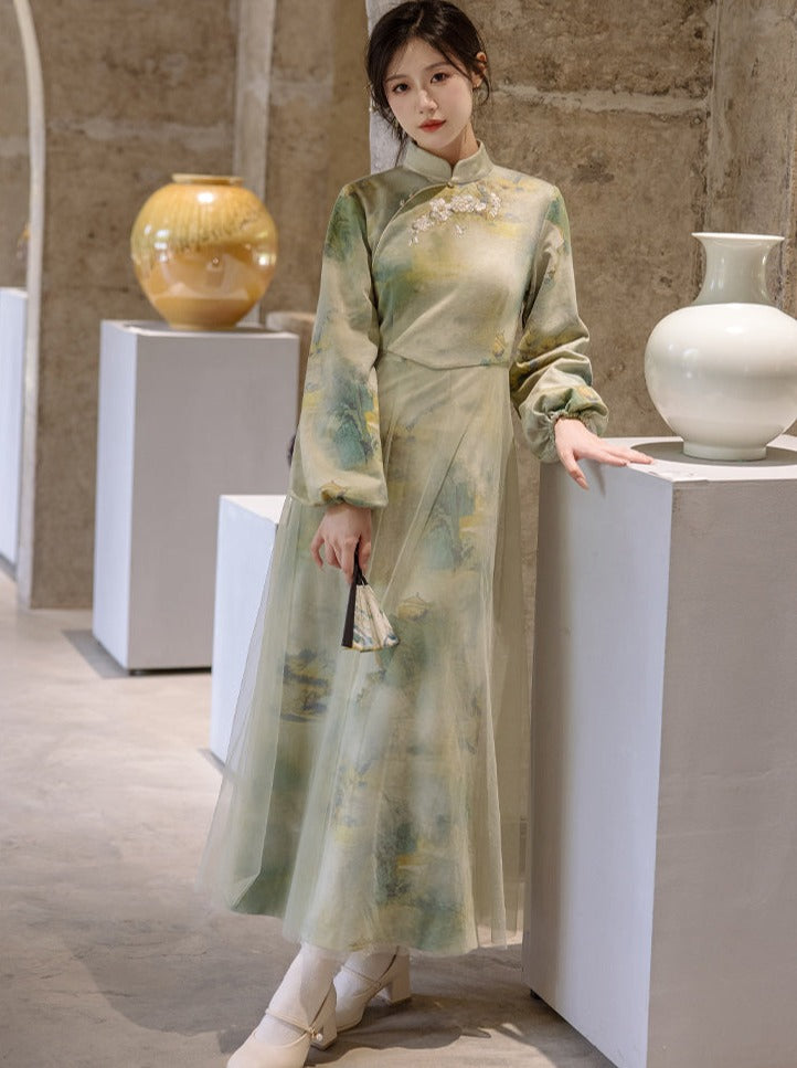 Marbled Green Half Neck Chinese-style Dress