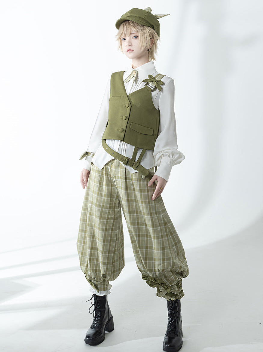 Secret Morning Post Green Tea Color Retro Sweet Cool Vest Shirt Cropped Pants