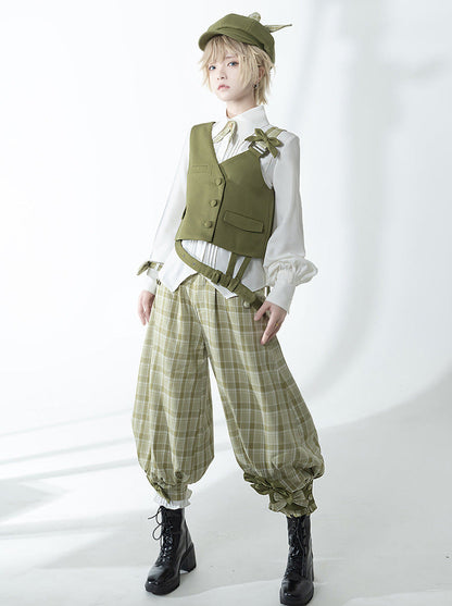 Secret Morning Post Green Tea Color Retro Sweet Cool Vest Shirt Cropped Pants