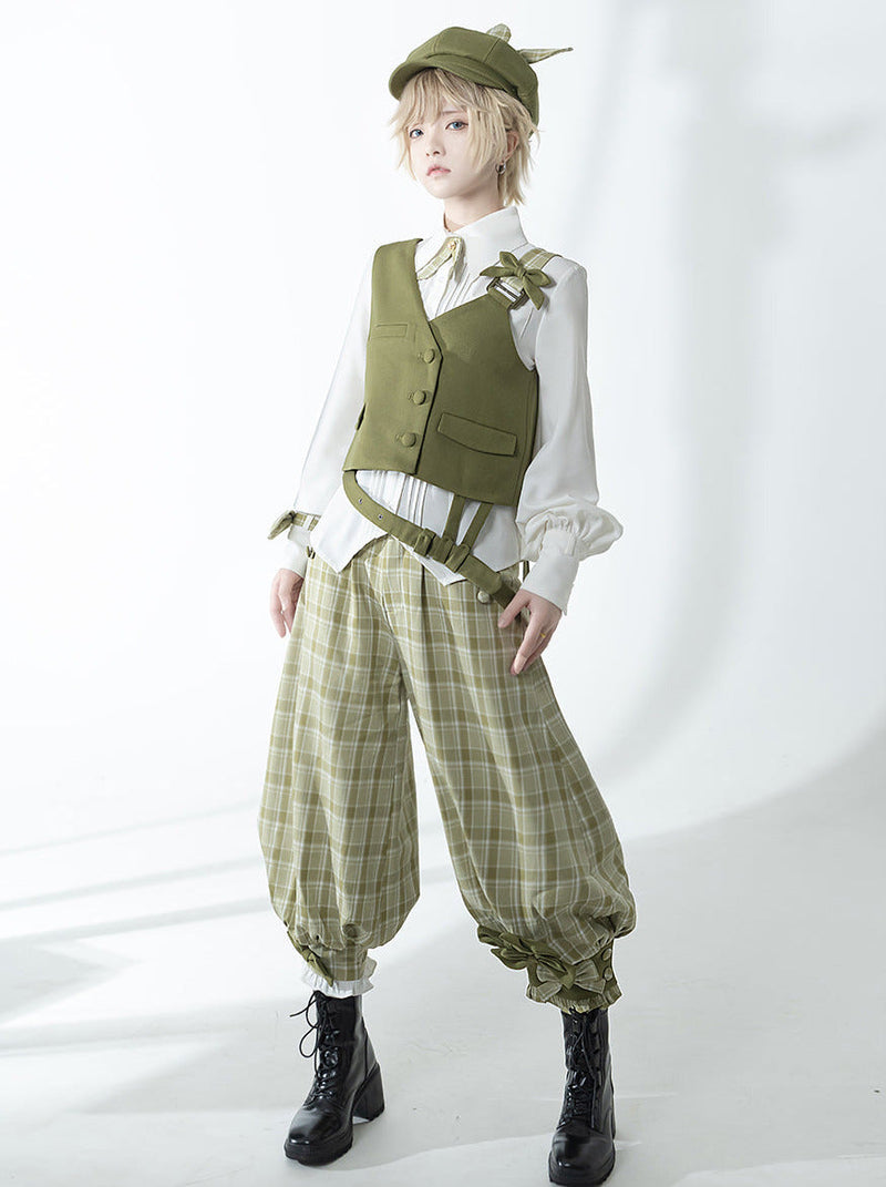 Secret Morning Post Green Tea Color Retro Sweet Cool Vest Shirt Cropped Pants