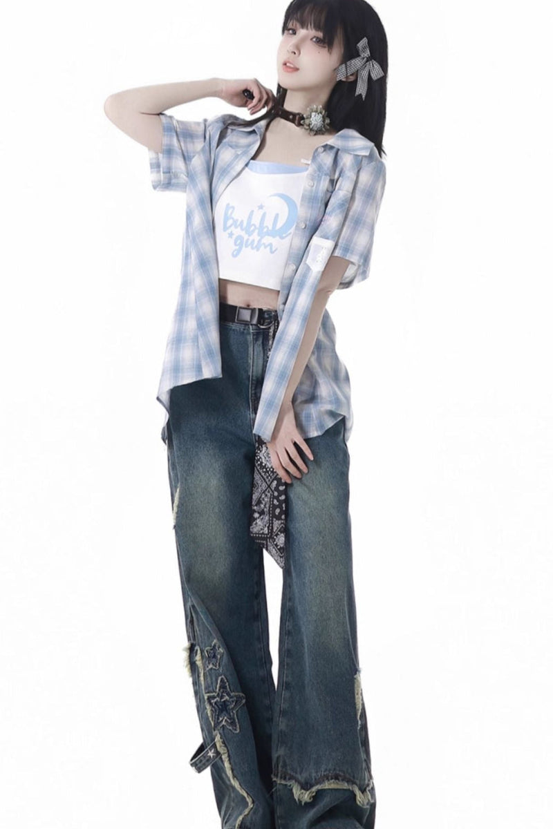 Plaid Shirt + Camisole + Denim Pants