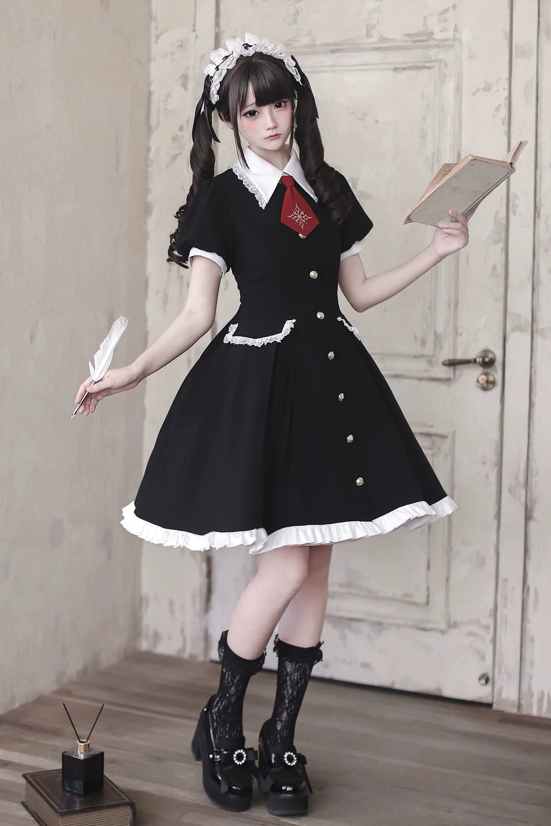 [pre-order Deadline: April 29] Black X White Gothic Lace Red Tie Collar Lolita Dress Type A/b