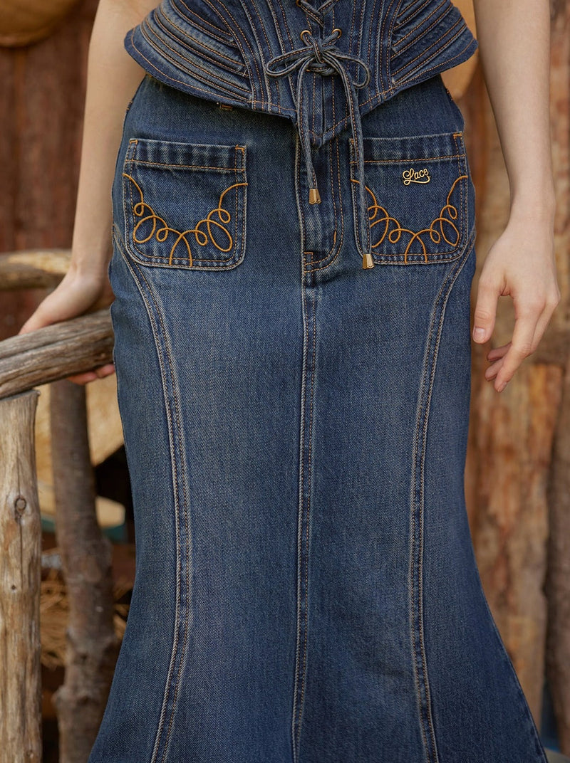 Retro Style Camisole + Tight Denim Skirt