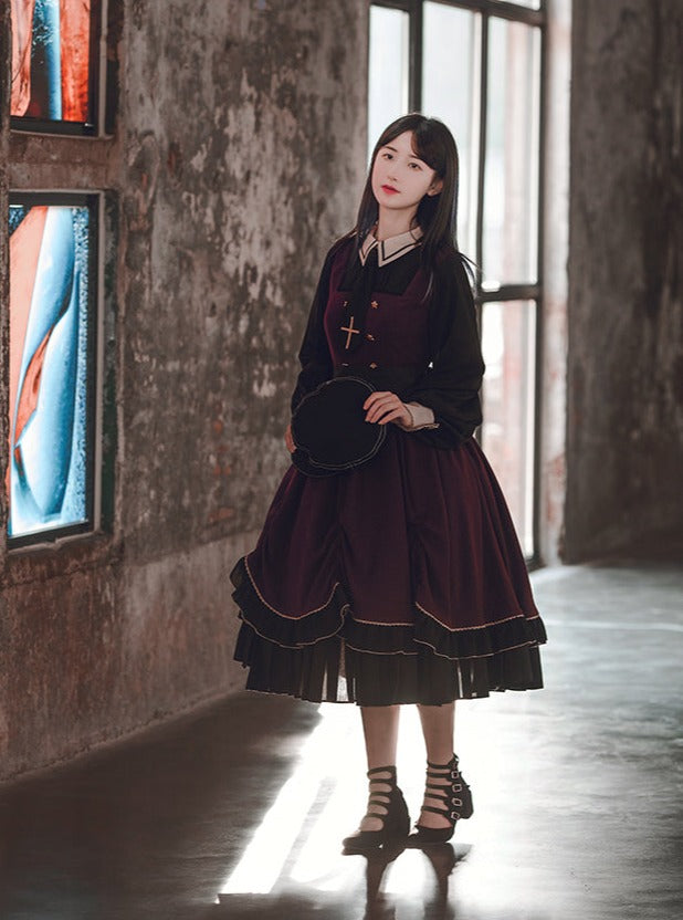 Faux Two Piece Pleated Cape Dark Gothic Dress