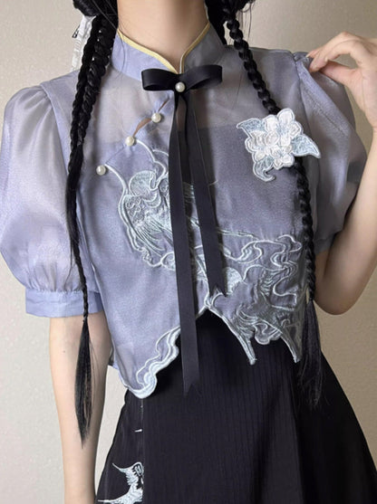 Sheer Short Chinese-style Shirt + Suspender Dress [short / Long] + Bag