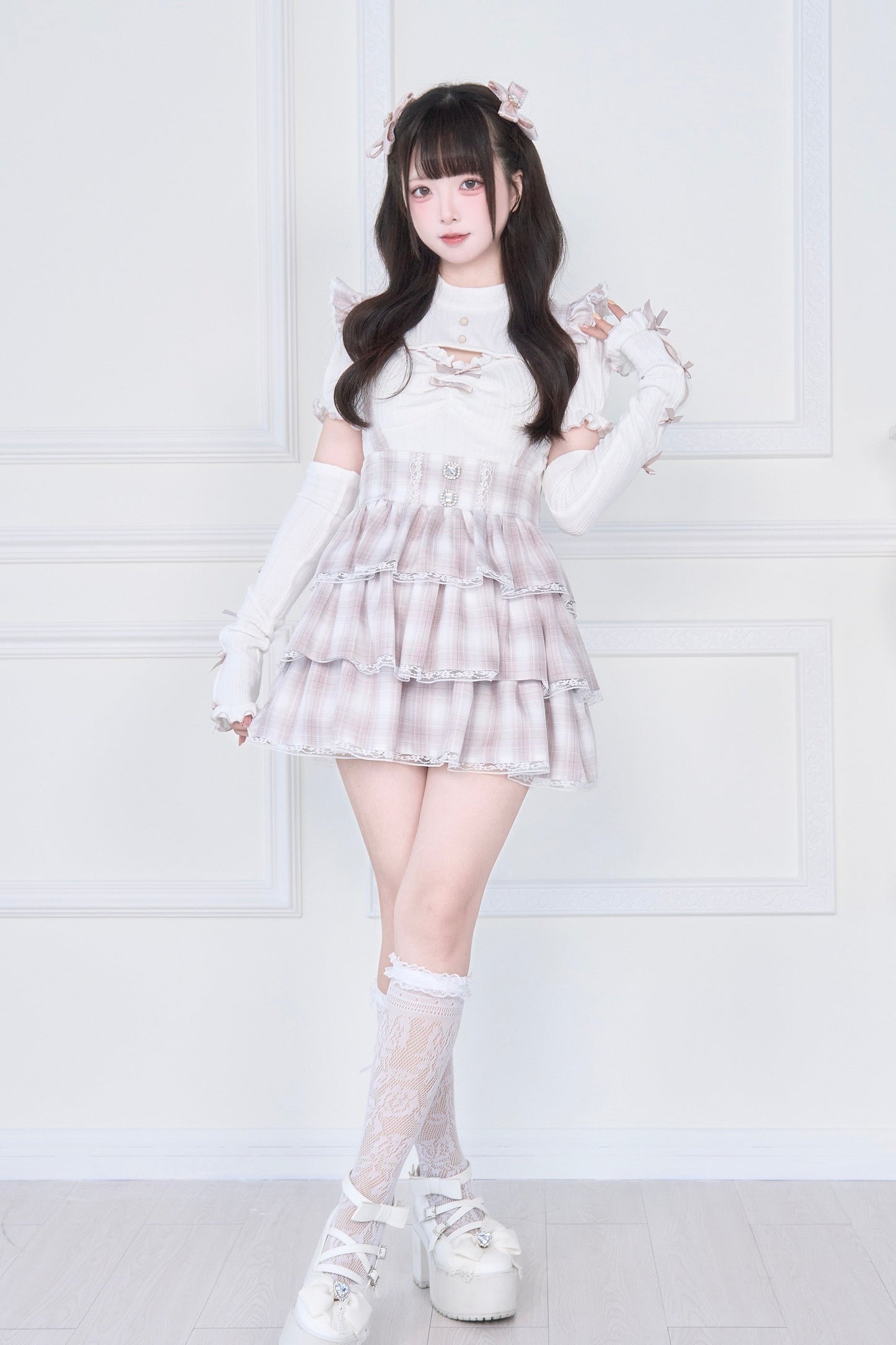 [pre-order] Knit Top With Ribbon Sleeves + Gothic Cross Lace Up Skirt