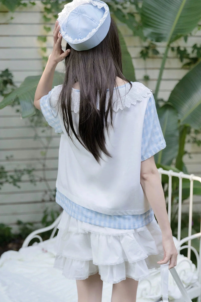 Gingham Plaid Ribbon Top + Tiered Skirt