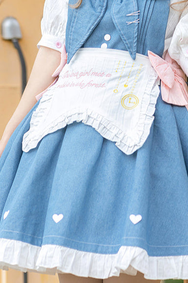 Light Raw Denim Lolita Jumper-skirt + Doll Innerwear + Apron