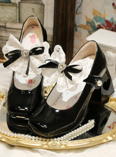 Lolita French Lace Ribbon Square Toe Love Heel Shoes