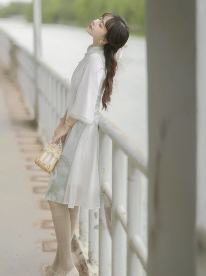 Retro Chinese-style Dress + Ribbon Short Fur Coat