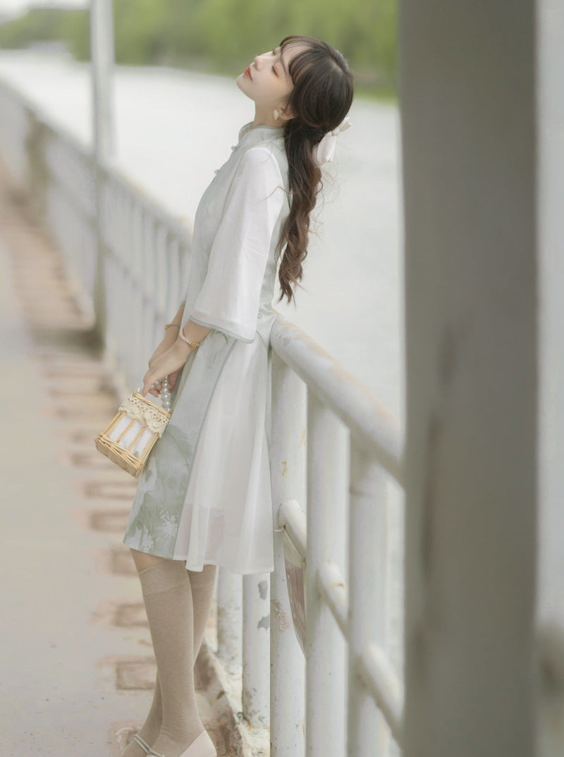 Retro Chinese-style Dress + Ribbon Short Fur Coat