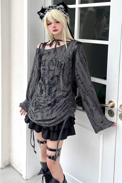 Butterfly Tie Off-shoulder Distressed Top Set