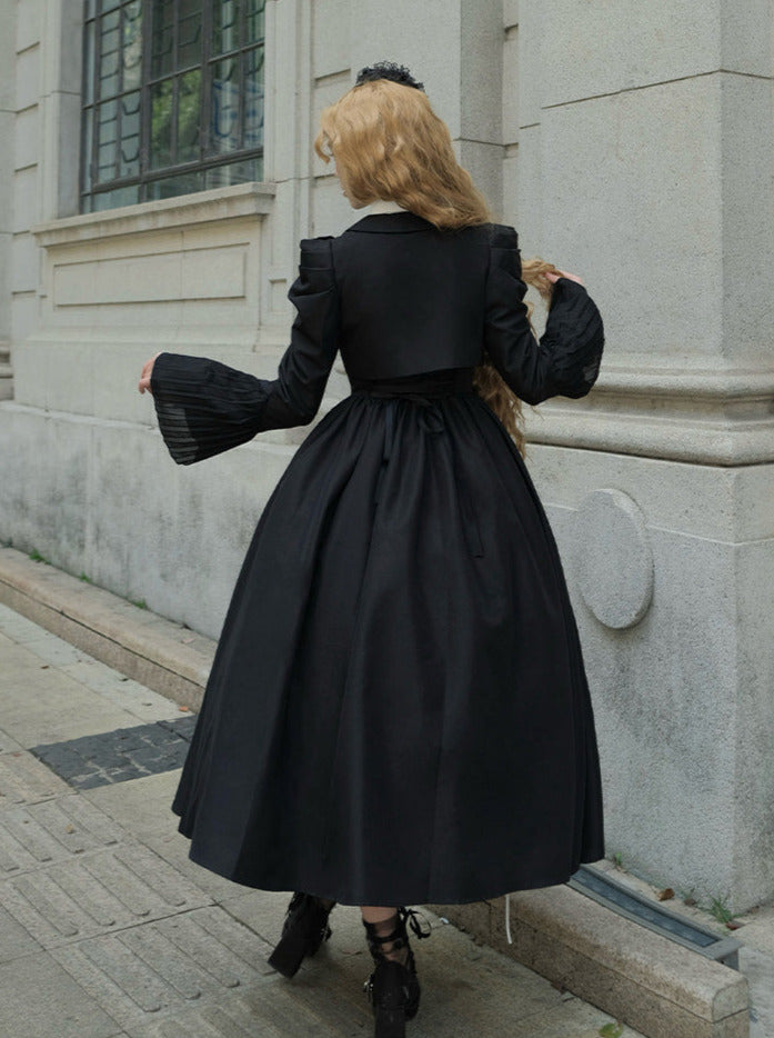 Night Traveler Classic Black Gothic Lace Jacket Dress + Ruffle White Blouse and Black Dress