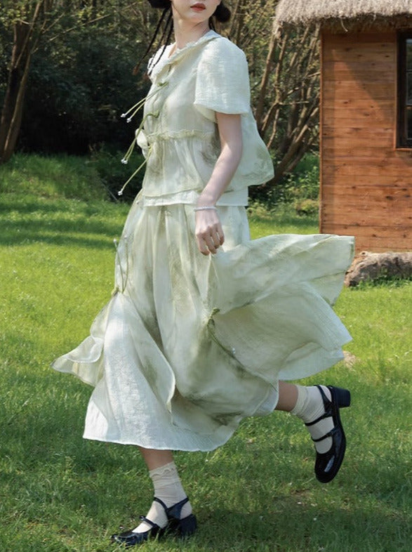 Chinese-style Tassel Chiffon Ruffle Layered Set