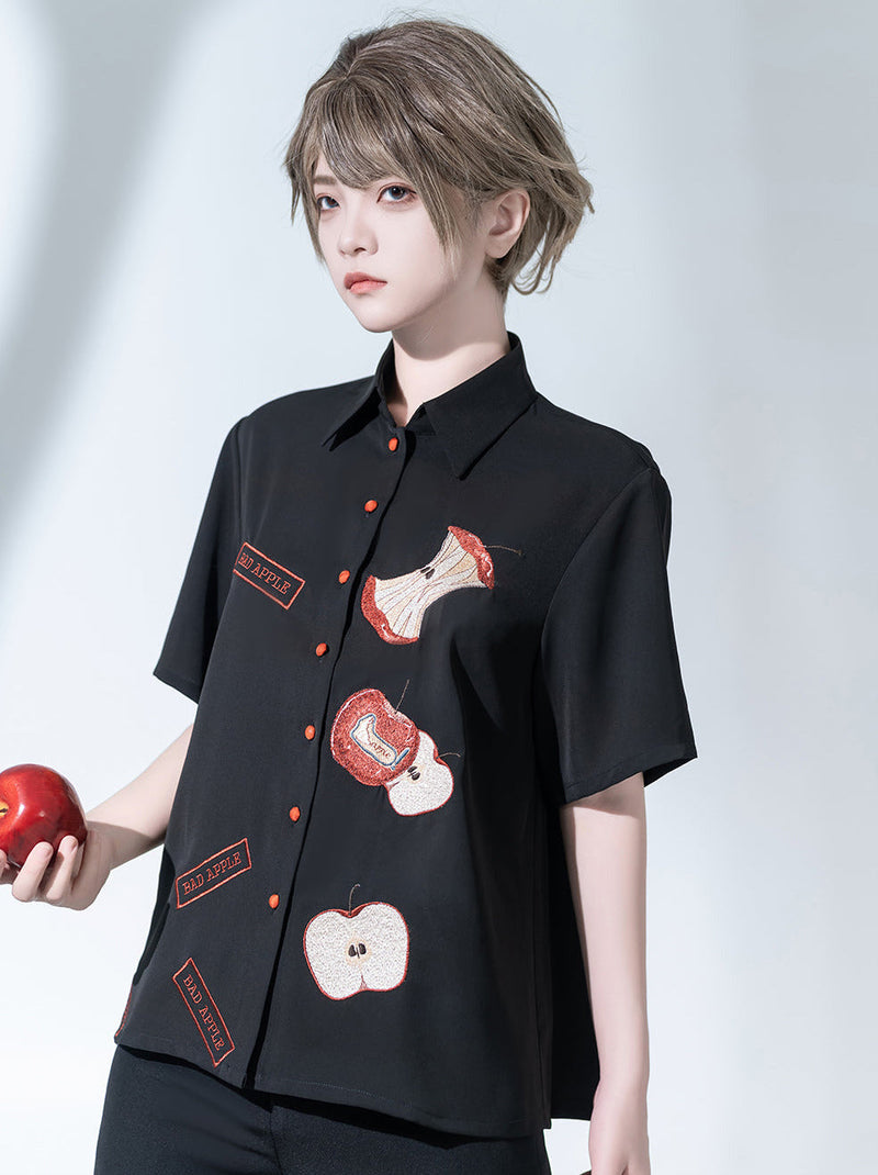Bad Apple Embroidered Handsome Loose Summer Shirt Short Pants Set