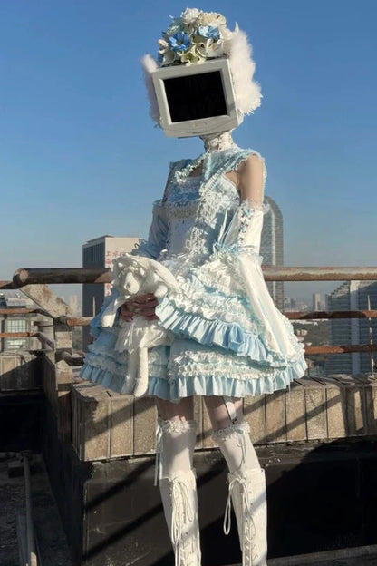 Aqua Angel Line Top + Skirt + Shirt Collar + Sleeve + Hat + Clips
