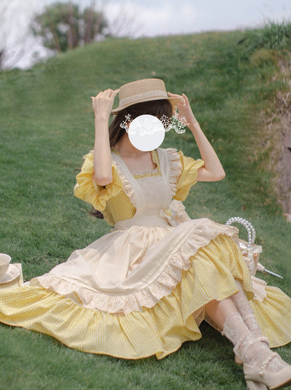 [pre-order] Retro Girly Yellow Dress + Apron + Ribbon